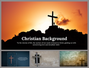 A pack of Christian-themed PPT backgrounds featuring a cross at sunset with quotes about faith and redemption.