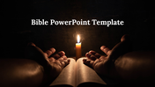 Bible slides with a candlelit Bible as the centre of focus and hands in prayer in a dark background.