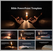 Bible slides with a candlelit Bible as the centre of focus and hands in prayer in a dark background.