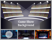 A pack of game show background slides with a brightly lit stage and a large audience in a modern arena setting.