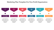 A slide showcasing a marketing plan template for non profit organizations, featuring key focus areas with color coded icons.