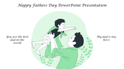 Illustration of a father lifting his child in a green circular background with leaf accents and quotes on both sides.