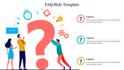 FAQ template, featuring a human illustrations around the large question mark, with colorful icons, and three caption areas.