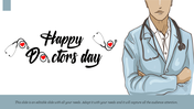 Illustration of a doctor with a stethoscope alongside text in black script with red heart accents.