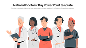 An illustration of five doctors in different uniforms, designed for a national doctors' day-themed presentation.