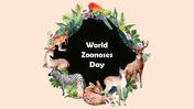 Colorful world zoonoses day slide with animals and plants arranged around a black circle highlighting the event name.