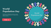 World population day slide with paper cutout figures encircling a blue circle on a dark green background with text area.