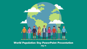 World population day slide featuring diverse people holding hands in front of a globe, with the date July 11 displayed.