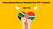 Nelson mandela day slide with doves and raised fists on a heart with south african flags, set against a yellow background.