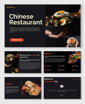 Chinese restaurant slides with a dark theme, featuring images of dishes and sections on menu, gallery, and customer reviews.