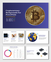 Blue and gold cryptocurrency slide showcasing Bitcoin symbol, price charts, global decentralization, and mining components.