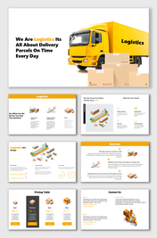 Logistics slide deck featuring a yellow delivery truck, parcel illustrations, and sections on services.