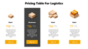 Pricing table for logistics displays four different pricing plans, each with box icons and pricing per kilogram.