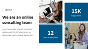 Slide showcasing an online consulting team, with 12 years of experience and 15K happy clients.