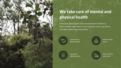 Nature themed slide with trees on the left and medicine related text and icons on the right.