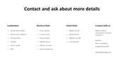 Contact page template with sections for localization, shortcut links, useful links, and contact details.