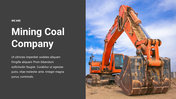 Large orange excavator in a coal mining area with a blue sky and a dark gray text section on the left.