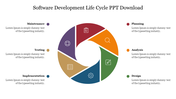 Circular diagram showing six phases of the software development, each in different colors with icons.