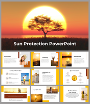 Set of slides with a main image of a tree at sunset with tips on sunscreen, clothing, and more on a yellow backdrop.