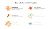 Slide featuring a fireworks template with six colorful fireworks illustrations arranged in two rows with a placeholder text.