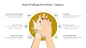 Illustration of handwashing steps with hands rubbing together, surrounded by six circular steps and caption areas.