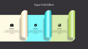 Three paper-like folded segments in beige, blue, and green, each with icons for business, process, and growth.