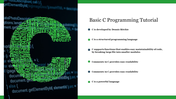 Slide highlighting essential facts about C programming, featuring a green C graphic made of programming terms.