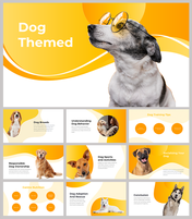 A slide deck featuring images of dogs in a yellow theme, highlighting various breeds and cute poses.