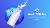 Milk bottle with splashes in front of a globe, and text explaining World Milk day, dated on June 1st, on a blue backgrop.