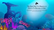 Coral reef slide featuring vibrant blue themed underwater scenery with colorful corals and a fish icon alongside text.