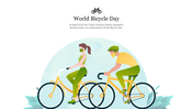 Illustrated colorful world bicycle day slide featuring a man and woman biking with text.