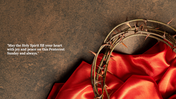 Pentecost themed slide deck featuring images of thorns crown on red cloth with textured backgrounds and religious text.