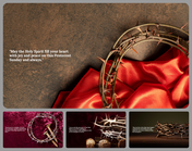 Pentecost themed slide deck featuring images of thorns crown on red cloth with textured backgrounds and religious text.