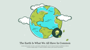 Illustration of Earth with floating clouds and a light bulb symbol, representing environmental consciousness.