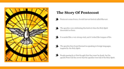 Illustration of the holy spirit as a dove with light rays, paired with bullet points describing the Pentecost story.