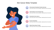 Illustration of a worried woman with skin irritation, alongside a list of symptoms related to skin cancer.