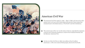 Slide featuring an illustration of the american civil war with soldiers in battle and text providing historical context.