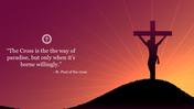 Silhouette of Jesus on the cross symbolizing holy week against a vibrant sunset with rays of light spreading across the sky.