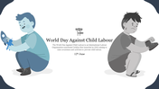 Slide showing world day against child labour with one child working and another playing showing the significance of the day.