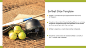 A softball bat, helmet, and balls on a field, with list of facts about the game on white background with green borders.