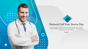 A doctor in a white coat, set against a modern blue gradient background with a text of national call your doctor day.