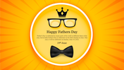 Father's day themed image featuring a black crown, glasses, and a bowtie inside a yellow circle, with an orange background.