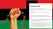 Illustration of a clenched fist breaking chains, set on a red, black, and green background with a white text box.