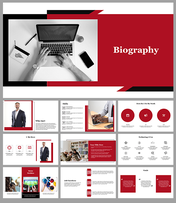 Slide deck with a red and black theme featuring sections for biography, skills, work style, and technology use.