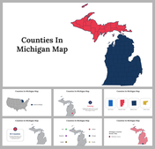 Map slides of Michigan featuring upper and lower Peninsula counties in red and blue, along with geographic details.