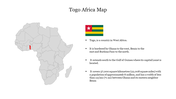 Gray map of Africa with Togo marked in red, along with the flag and descriptive text on the right side.