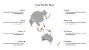 Asia Pacific map highlighting key countries with color-coded markers and space for corresponding descriptive text.