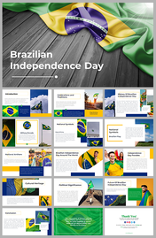 Slide pack featuring vibrant green and yellow themes, with images of the Brazilian flag and cultural symbols.