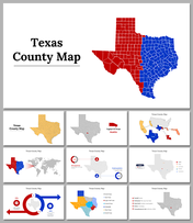 Slide deck featuring various Texas county maps with different colors and layouts for presentations.