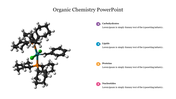 A 3D molecular structure with four icons in purple, blue, orange, and pink listed on the right.